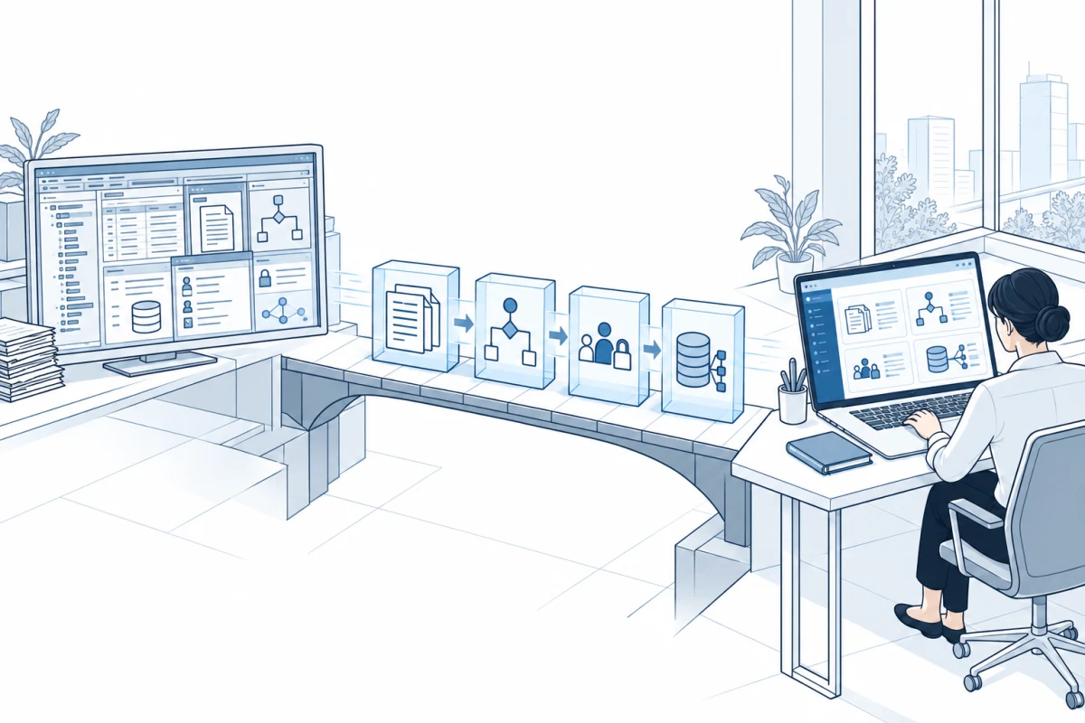 An aging application becoming a modern one while its records, workflows, permissions, and business rules carry forward