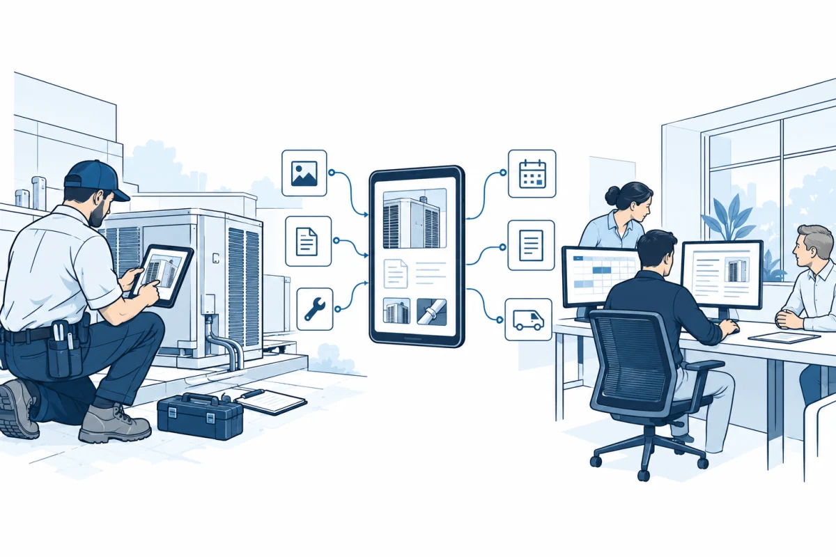 Illustration connecting a field technician's site notes and photos with office scheduling, estimates, and customer reports