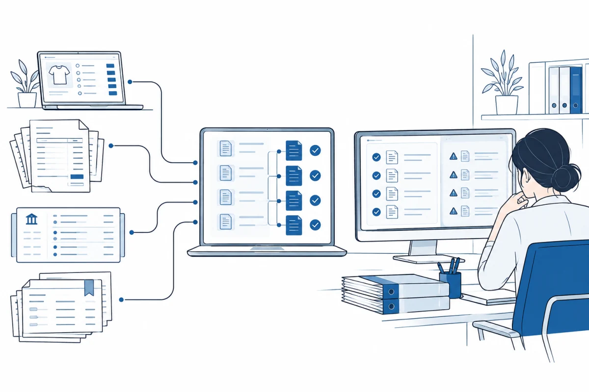 Orders, invoices, bank activity, and billing records flowing into a system for reconciliation and staff review