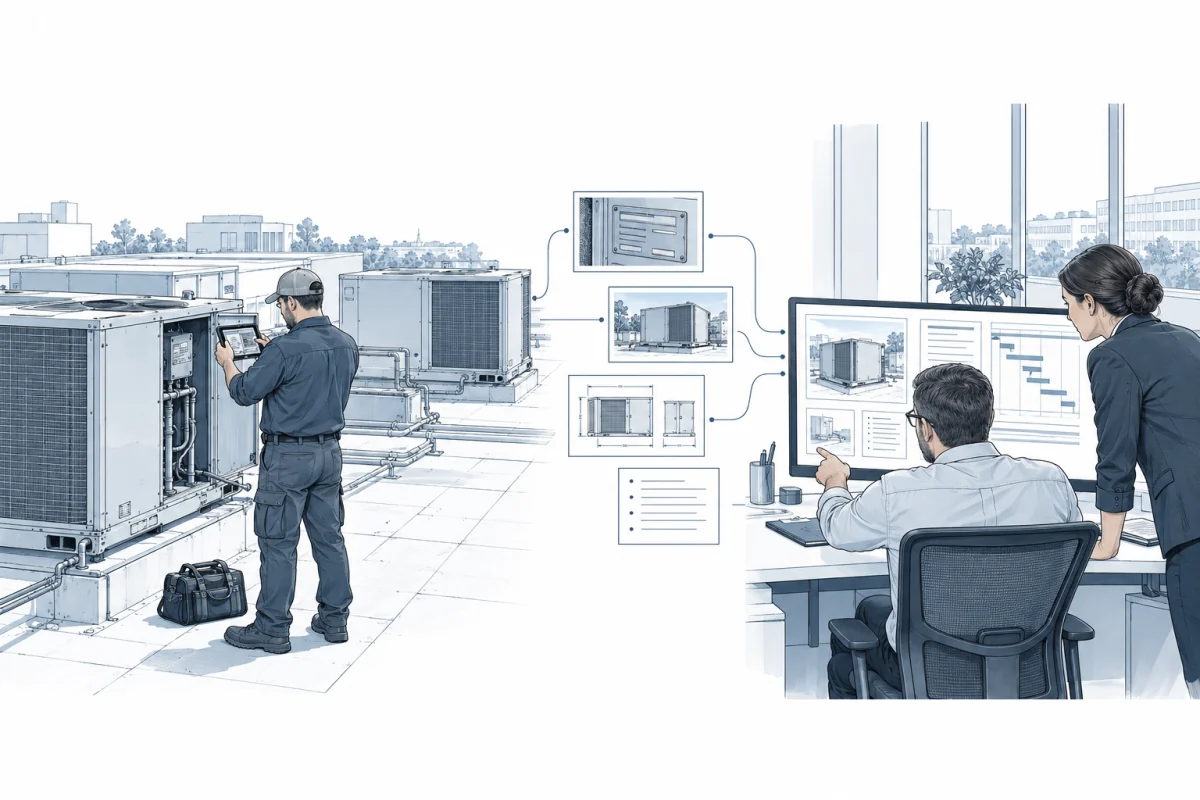 A technician surveys rooftop HVAC equipment; equipment details, site photos, and measurements flow to office staff preparing an estimate and job schedule