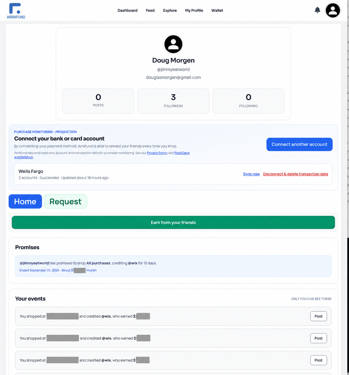 Arrafund creator dashboard showing a connected bank account, purchase monitoring, promises, and earning events; transaction details are redacted
