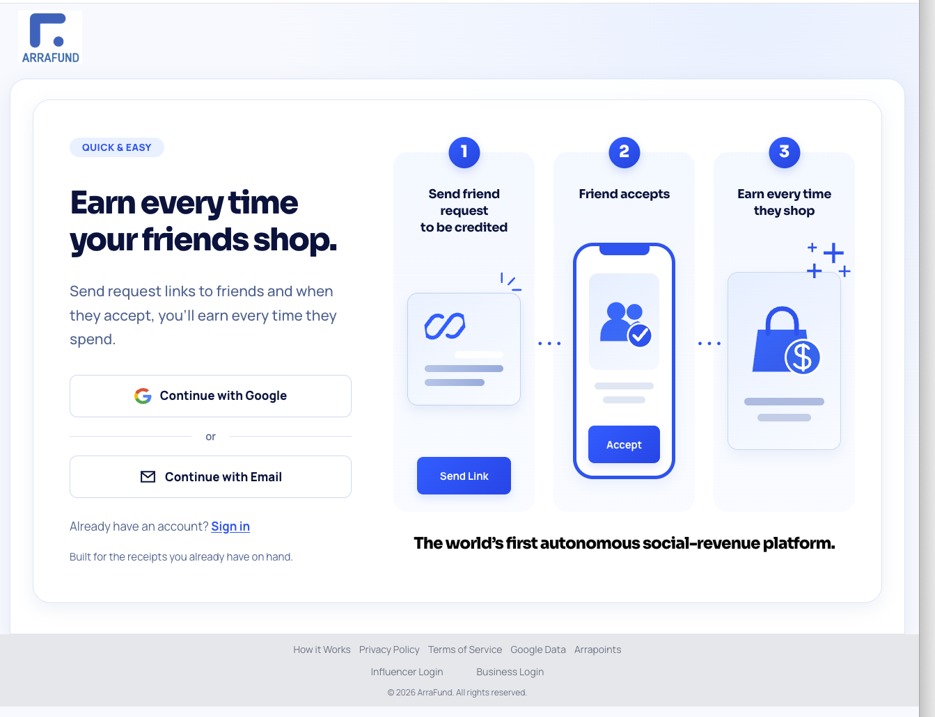 Arrafund homepage showing its creator earning model