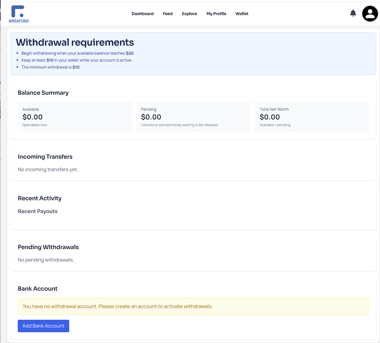 Arrafund wallet showing available and pending balances, withdrawal requirements, recent activity, and bank-account setup