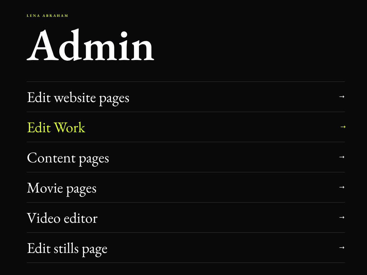 Private admin navigation for website pages, work, movie pages, stills, and video editing