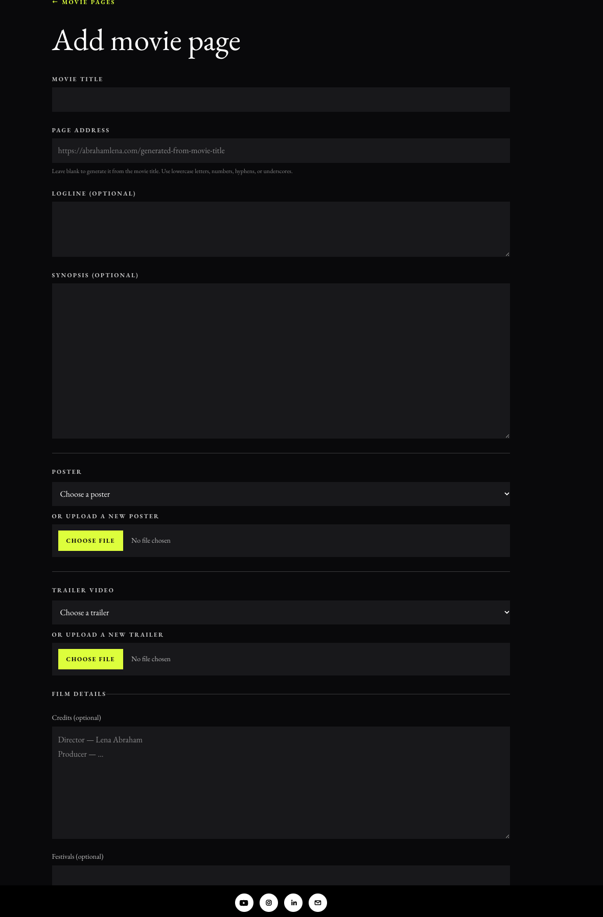 Movie page editor with fields for a title, synopsis, poster, trailer, credits, and festival information