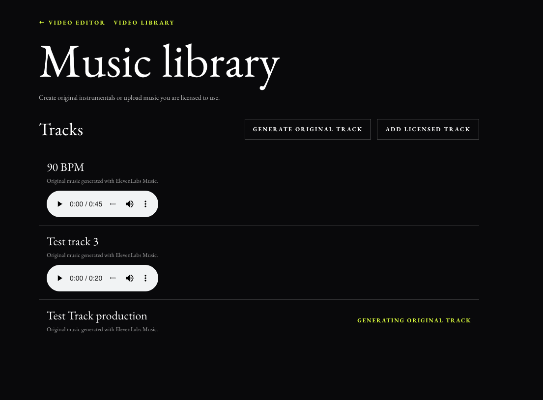 Private music library with playable tracks and actions to generate or upload music