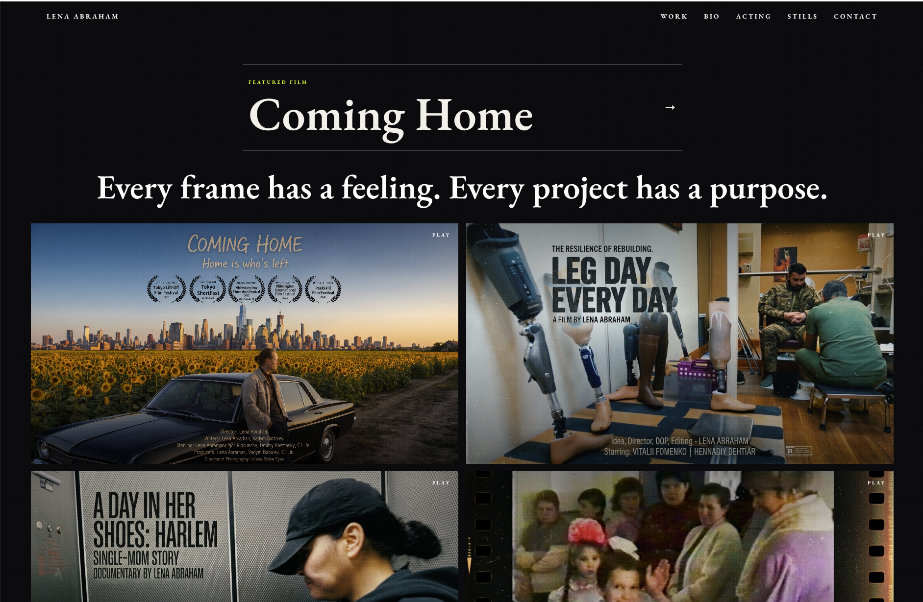 Film portfolio showing a featured film and a project grid