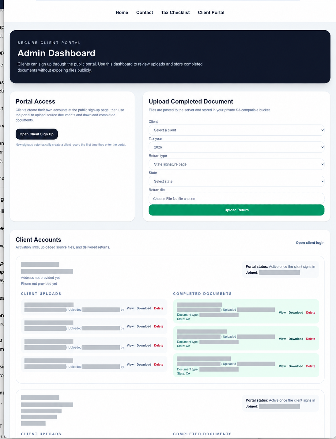 Tax portal admin dashboard with completed-document upload and client document review; client details are redacted
