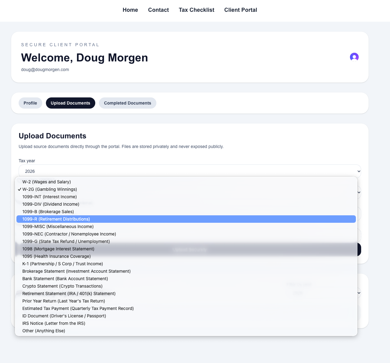 Tax portal document upload screen